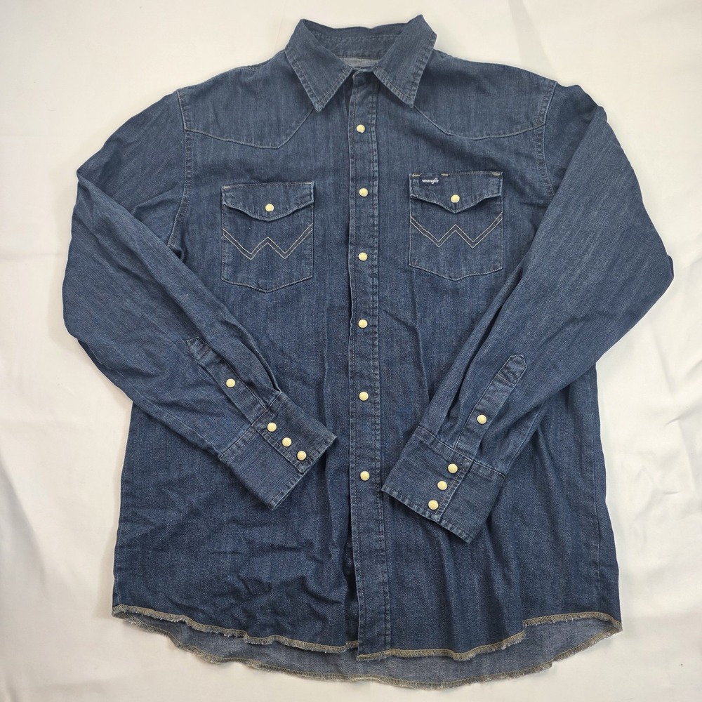 Wrangler Western Shirt Mens Large Blue Denim Pearl Snap Long Sleeve Cowboy
